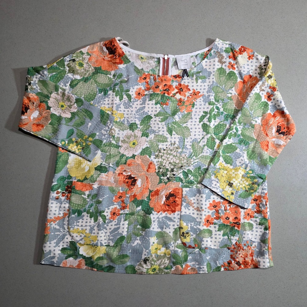 HD in Paris Anthropologie Floral Pocket Blouse Orange Green Size M Exposed Zip